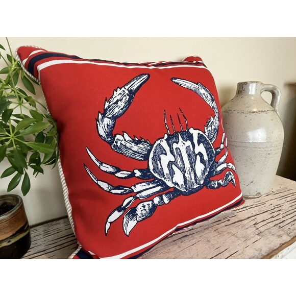 Vintage Nautical Crab On Red Canvas W/ Rope Piping 15” Throw Pillow 2 SIDED - Picture 4 of 9